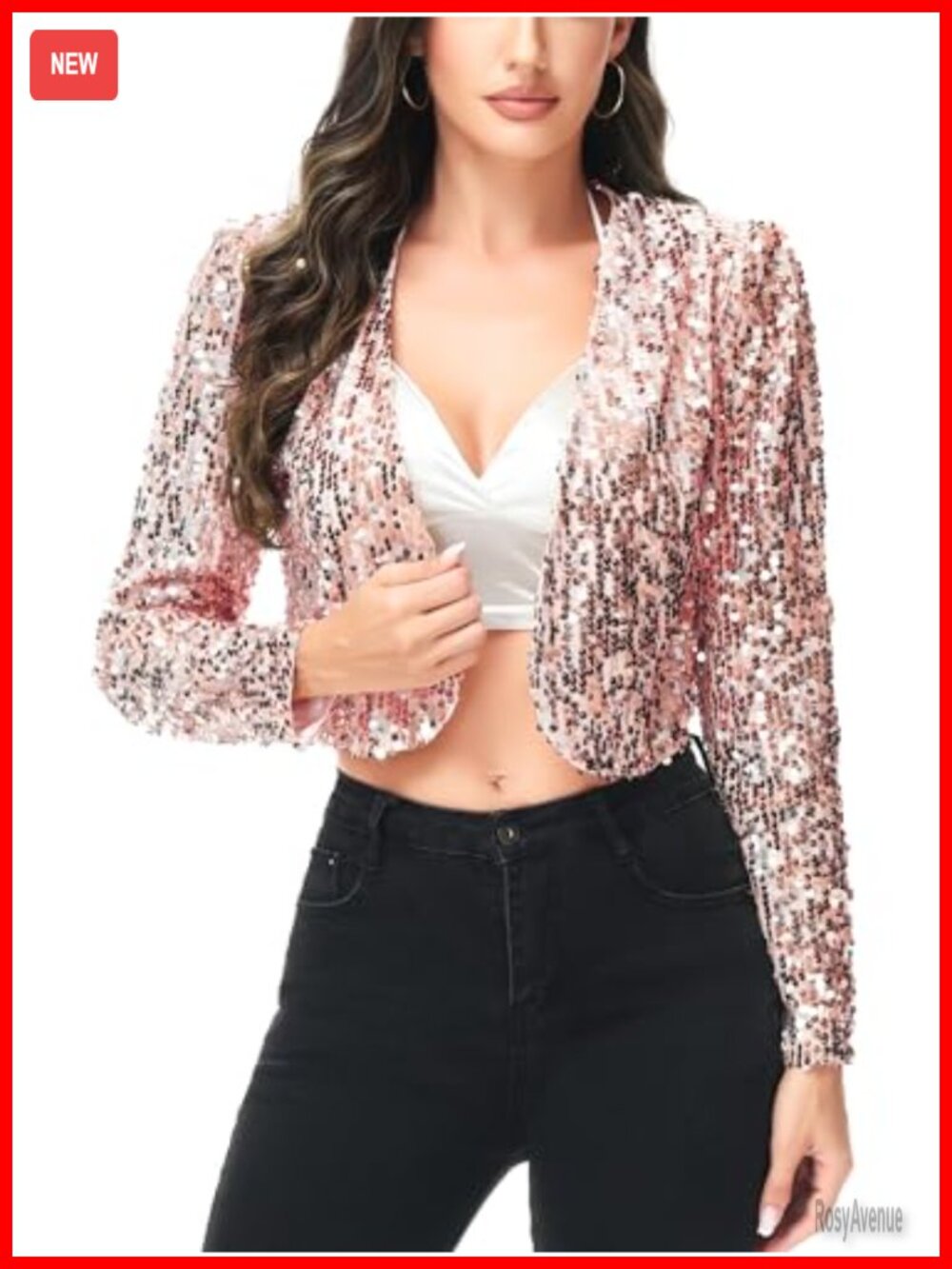 Sequin Long Sleeve Cropped Blazer Bolero Shrug Open Front Glitter